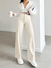 Women's Beige Straight Leg Jeans - High-Waisted Cotton Denim