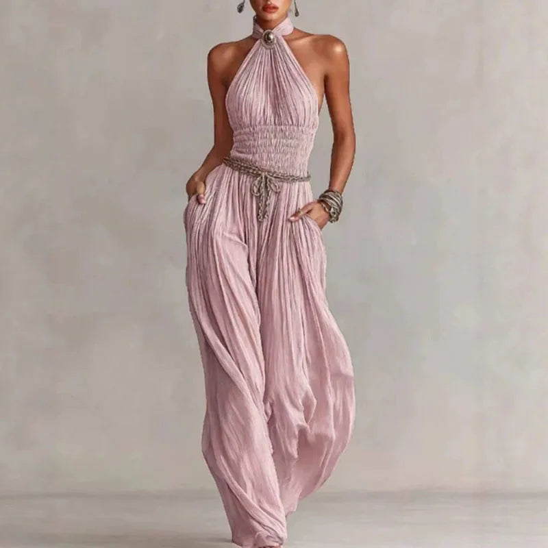 Boho Halter Backless Pleated Jumpsuit | OWNLUXE