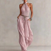 Boho Halter Backless Pleated Jumpsuit | OWNLUXE