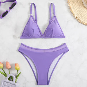 Women's Sexy Bikini Set Solid Mesh Two-Pieces Swimsuit Bra and Shorts Beachwear for Summer Surfing Vacation Swimwear 