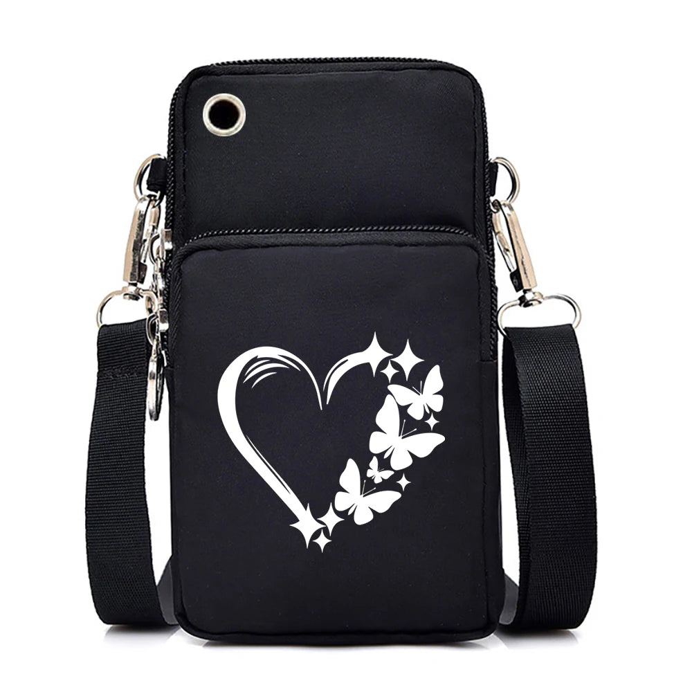 Mini Nylon Phone Crossbody Bag – Butterfly Print Neck Pouch with Zipper