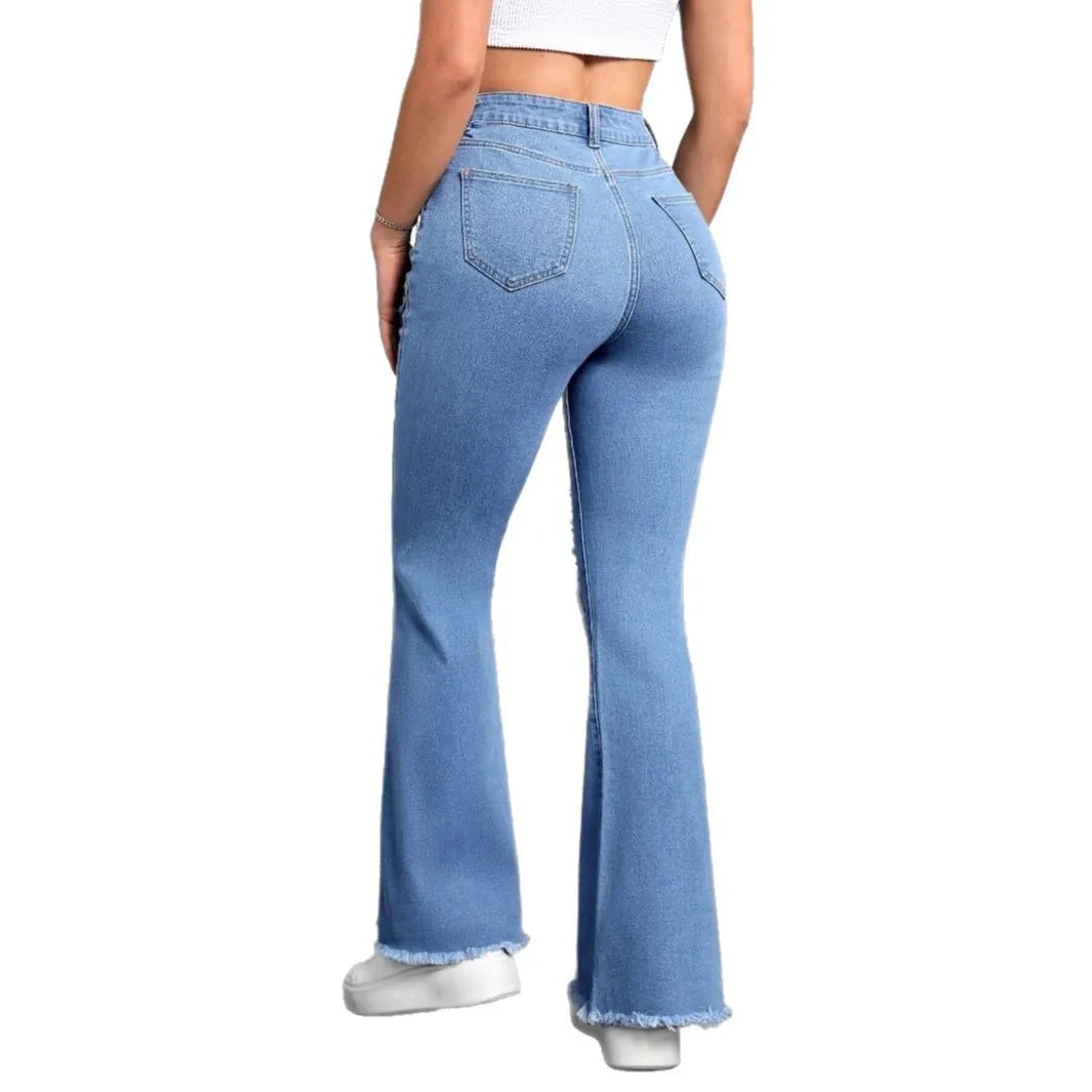 Denim Flared Jeans - High Waist Distressed Boot Cut Pants