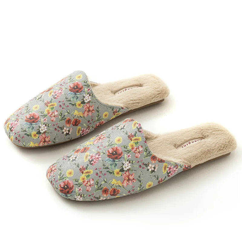 Plush Embroidered House Slippers with Rubber Sole