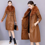 Load image into Gallery viewer, Winter Faux Fur Collar Leather Long Loose Coats Coat Female Jacket Parka Women Femme Rabbit Mink Sheepskin Fashion
