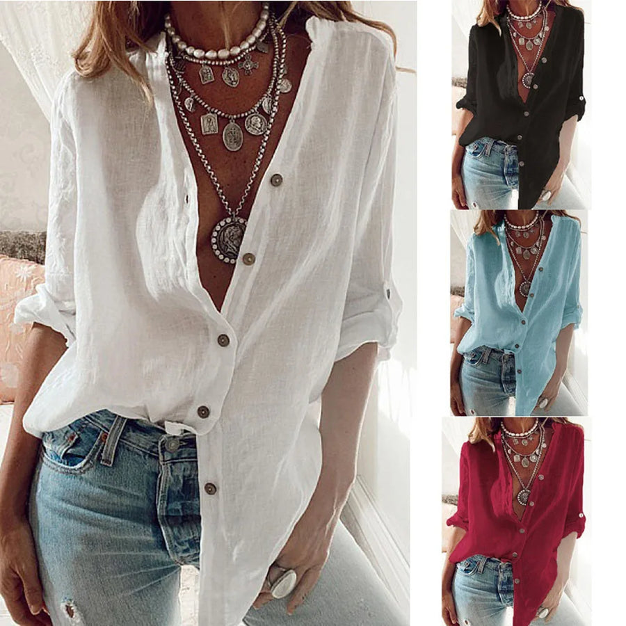 V-Neck Long-Sleeve Oversized Relaxed-Fit Top | OWNLUXE