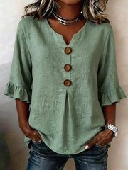 Button Perfect V-Neck Linen Lightweight Blouse | OWNLUXE