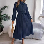 Load image into Gallery viewer, Slim-Fit A-Line Solid Dress with Stand Collar – Ankle-Length, Sashes Detail, Autumn/Winter
