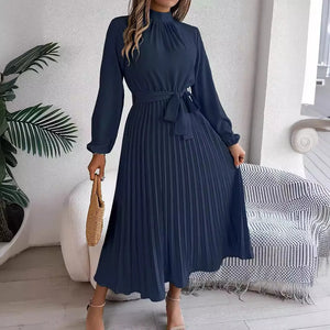 Slim-Fit A-Line Solid Dress with Stand Collar – Ankle-Length, Sashes Detail, Autumn/Winter