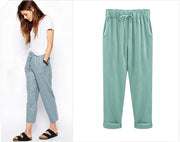 Cotton Linen Pants - Elastic Waist Ankle Length Casual Trousers
