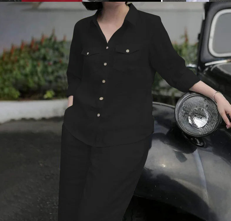 Women’s Wide-Leg Two-Piece Set with Turn-Down Collar Shirt