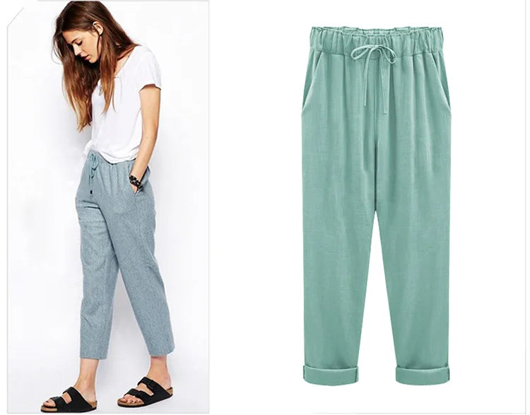 Cotton Linen Pants - Elastic Waist Ankle Length Casual Trousers