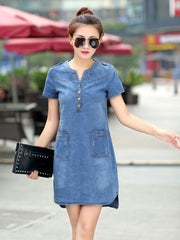A-Line Mini Dress with V-Neck & Empire Waist - Denim Dress with Pockets