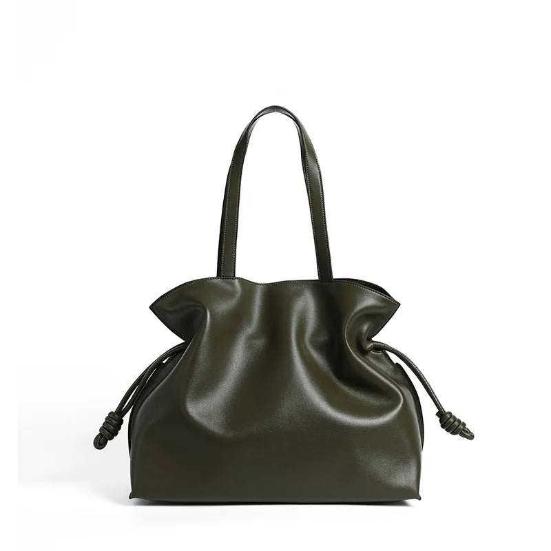 Cowhide Leather Pleated Bucket Bag | OWNLUXE
