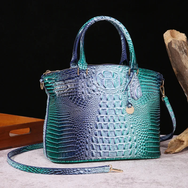 Crocodile Embossed Leather Handbag - Classic Shoulder Bag