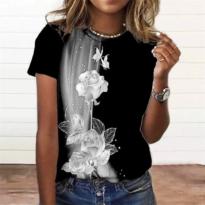 Summer Fashion Women's T-shirt 3d Floral Print Tee Large | OWNLUXE