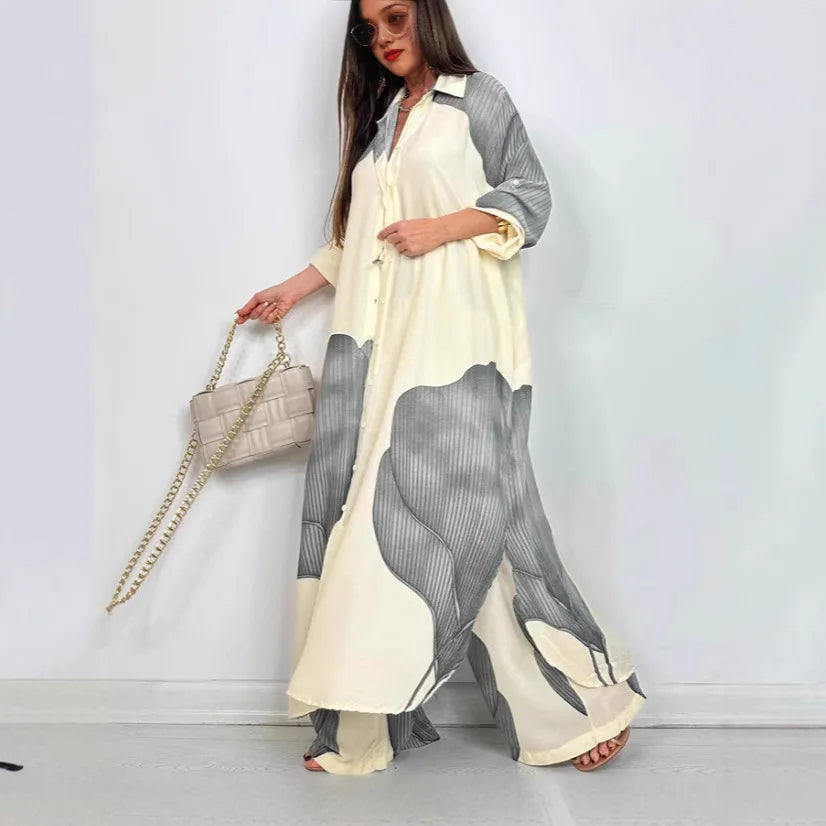 Women's Printed Long Shirt & Pants Set – Spring/Summer Loose Fit Style | Ensemble chemise longue et pantalon imprimé pour femme – Coupe ample printemps/été