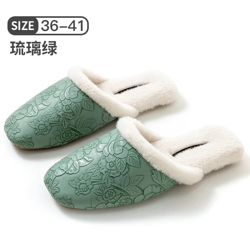 Plush Embroidered House Slippers with Rubber Sole
