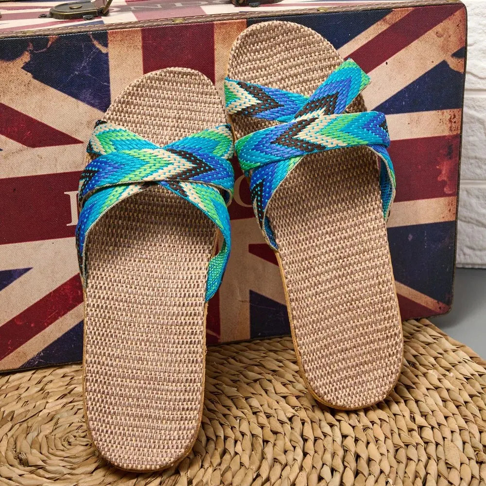 Eco-Friendly Hemp Slippers - Comfortable Flat Indoor Slides with Geometric Design