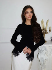 Sexy Black Lace Patchwork Slim Shirt Women Elegant Round Neck Long Sleeve Irregular Hem Top 2026 Lady Spring Autumn Chic Wear