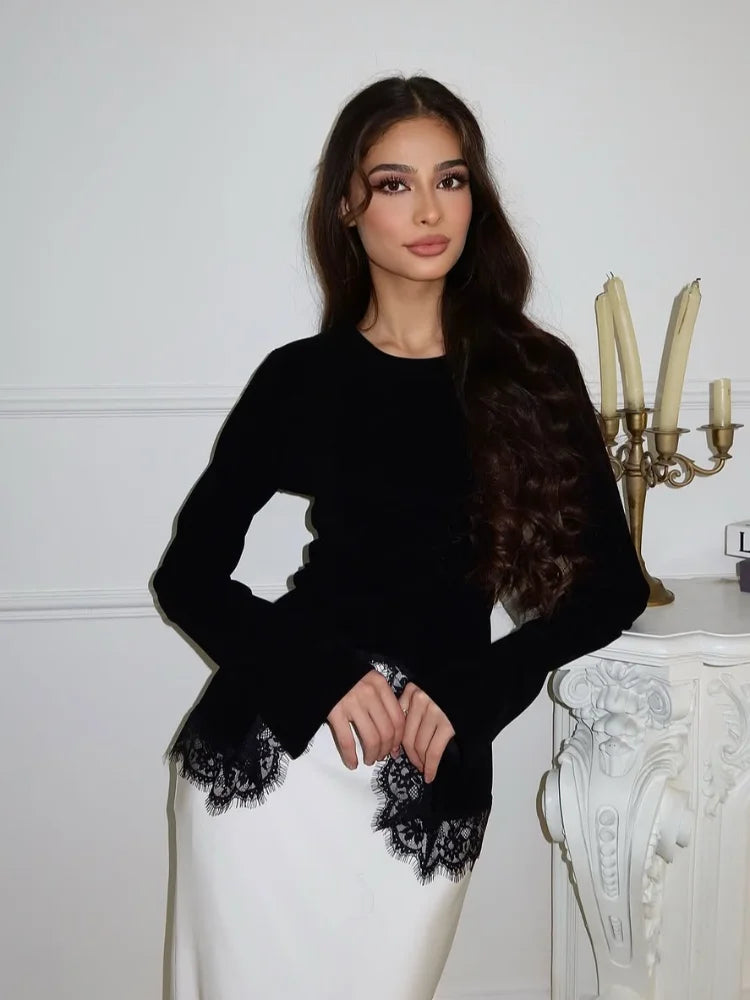 Sexy Black Lace Patchwork Slim Shirt Women Elegant Round Neck Long Sleeve Irregular Hem Top 2026 Lady Spring Autumn Chic Wear