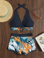 Load image into Gallery viewer, Fashion Printed Swimsuit Women Spliced Lace Up Sporty Surfing Bikini Set Bathing Suit Beachwear Swimwear Female Swimming Suits
