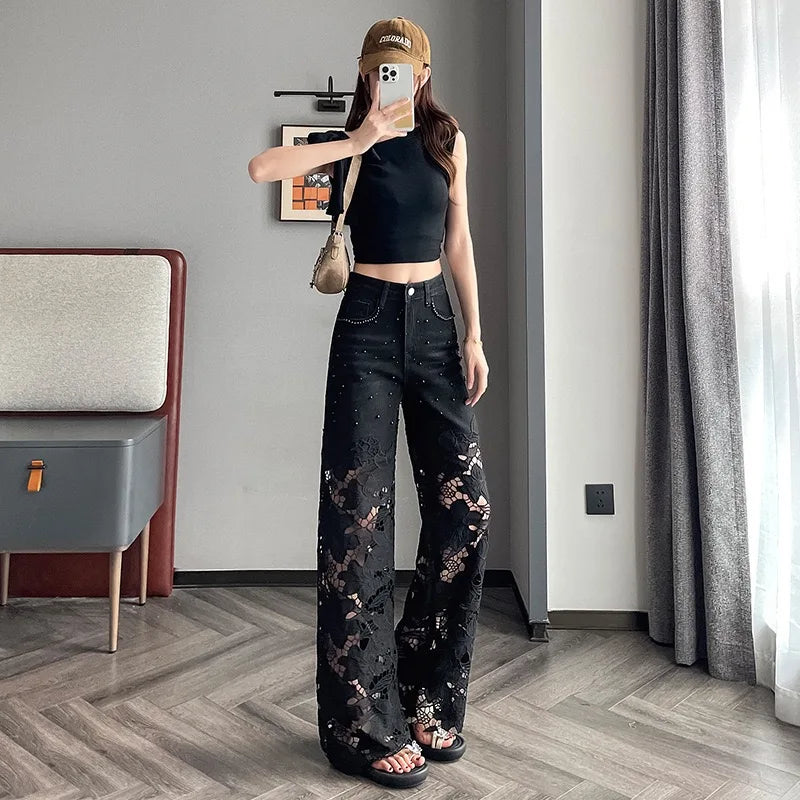 Women's Y2K High Waist Wide Leg Jeans - Lace Patchwork Denim Pants