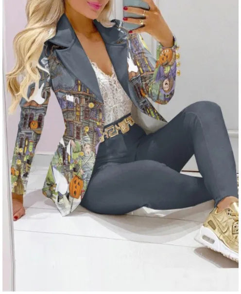 Spring Autumn Fashion Blazers Pant Sets Long Sleeve Print Coat Two Piece | OWNLUXE