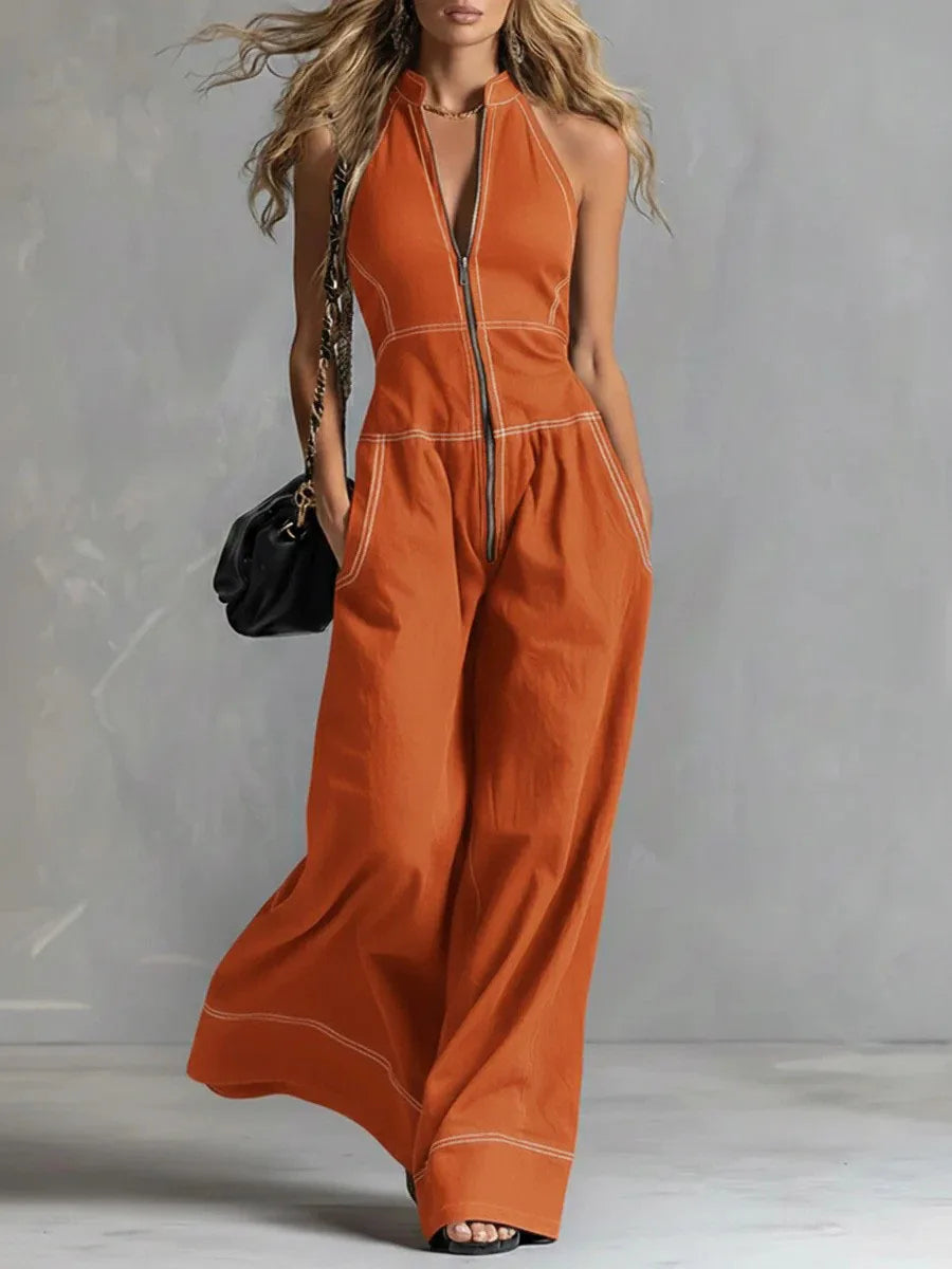 Relaxed-Fit Off-Shoulder Zip-Up Pocket Jumpsuit | OWNLUXE