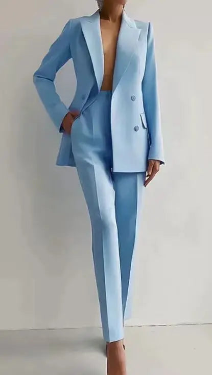 ✨ Women's Slim-Fit 2-Piece Casual Set – Double-Breasted Blazer & Pencil Pants | Ensemble 2 pièces ajusté pour femme – Blazer croisé et pantalon crayon