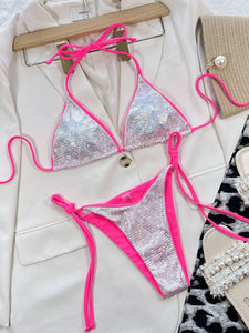 Bikini 2024 Sexy Triangle Shining Sequins Swimwear Swimsuit Women Halter Bikinis Set Bathing Suit Beach Bikini Female Banadores