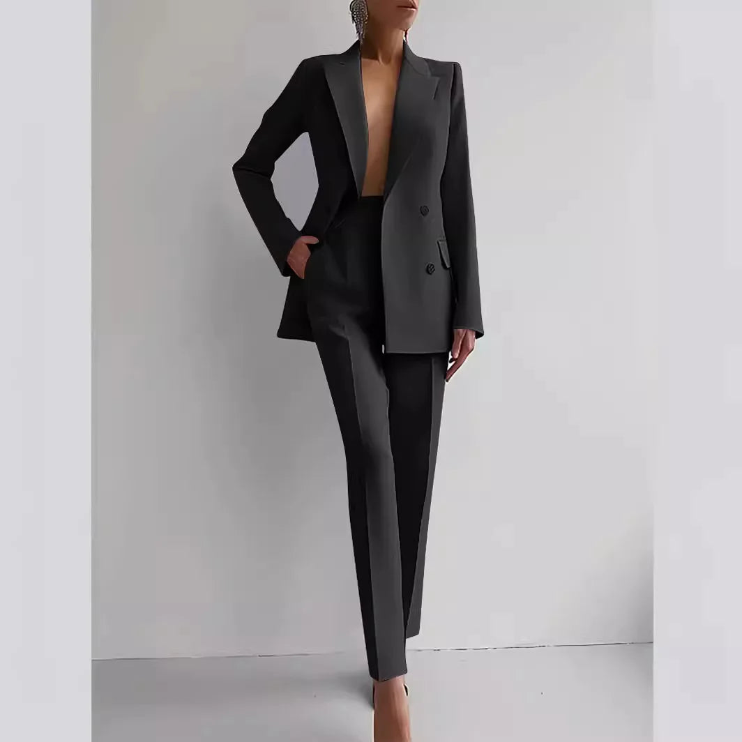 ✨ Women's Slim-Fit 2-Piece Casual Set – Double-Breasted Blazer & Pencil Pants | Ensemble 2 pièces ajusté pour femme – Blazer croisé et pantalon crayon
