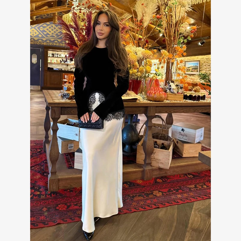 Sexy Black Lace Patchwork Slim Shirt Women Elegant Round Neck Long Sleeve Irregular Hem Top 2026 Lady Spring Autumn Chic Wear