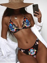 Floral Halter Neck Bikini Set – Low-Waist, Lace-Up