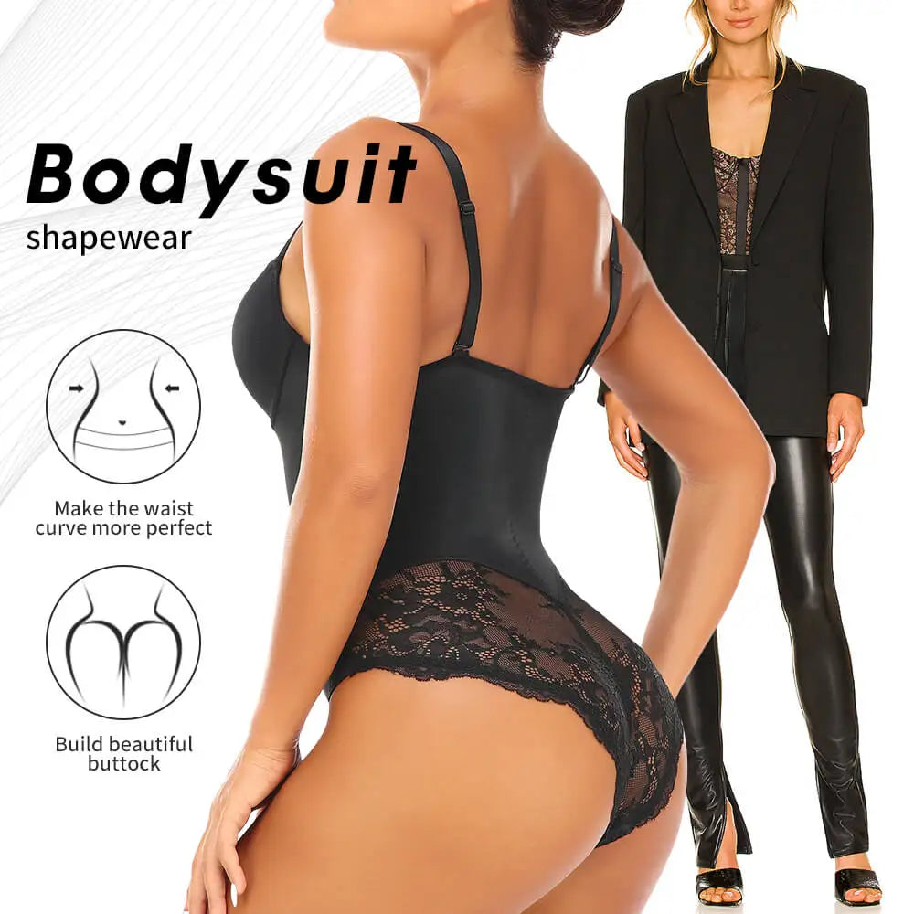 Lace Shapewear Bodysuit with Built-In Bra - Firm Control Body Shaper