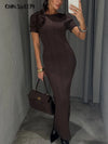 Women's Short Sleeve Dress (Brown) | OWNLUXE