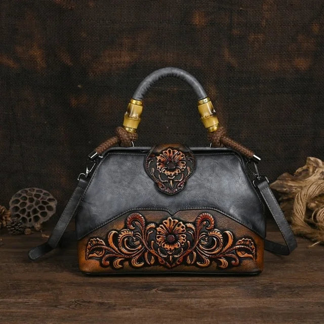 Vintage Carved Leather Handbag - Handmade Luxury Shoulder Bag