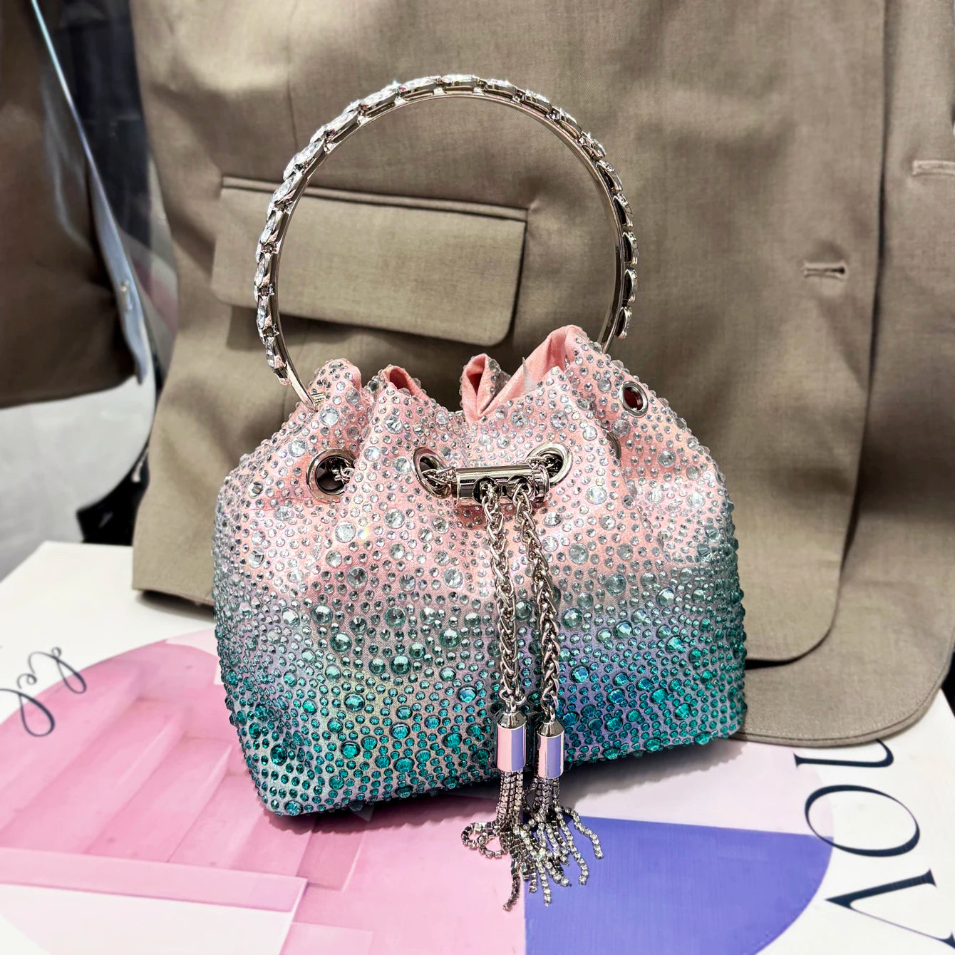 Crystal Bucket Evening Bag (Green Pink) | OWNLUXE