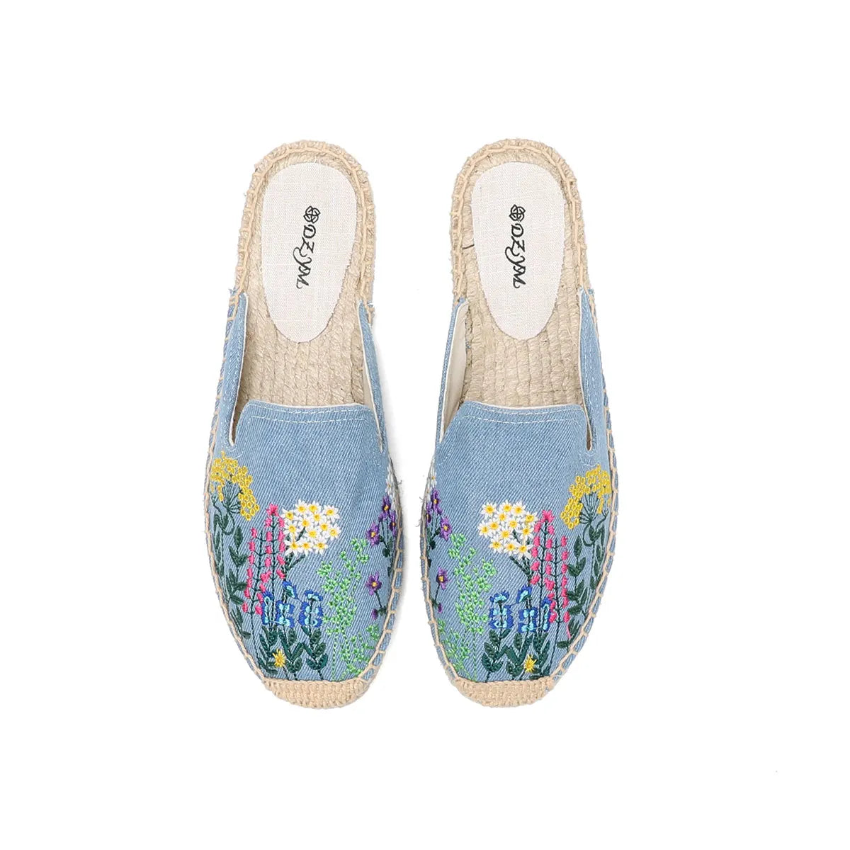 Embroidered Denim Mules - Casual Flat Summer Slippers