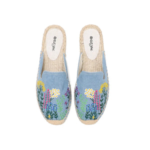 👡 Embroidered Denim Mules – Casual Summer Slippers | Mules en Jean Brodé – Chaussons d'Été Décontractés