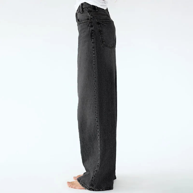 Wide Leg Jeans with Diagonal Buckle - Asymmetrical High Waist Denim