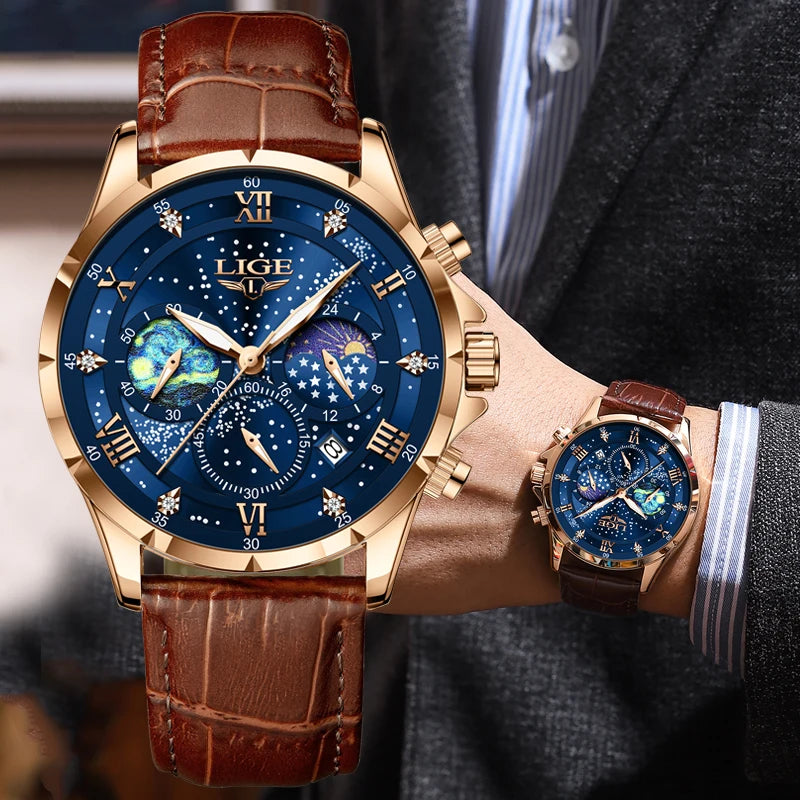 Lige Watches Mens Top Brand Luxury Casual Leather Quartz | OWNLUXE