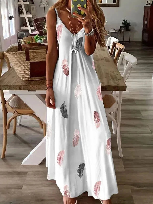 Elegant Office Lady Ankle Length Printed V-Neck Dress – Perfect for Senior Women