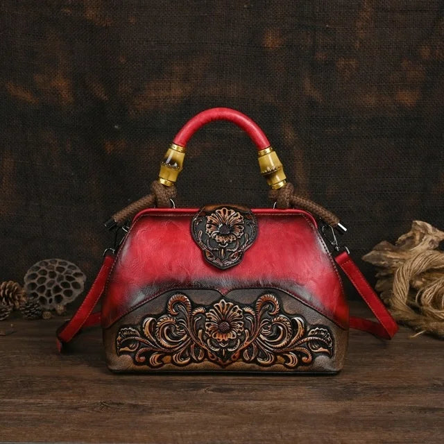 Vintage Carved Leather Handbag - Handmade Luxury Shoulder Bag