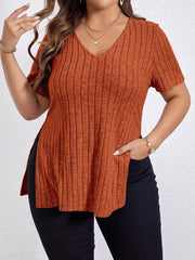 Plus Size V‑Neck Knit Blouse – Long Sleeve Soft Stretch