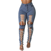 Women’s Distressed Lace-Up Skinny Jeans – High-Rise