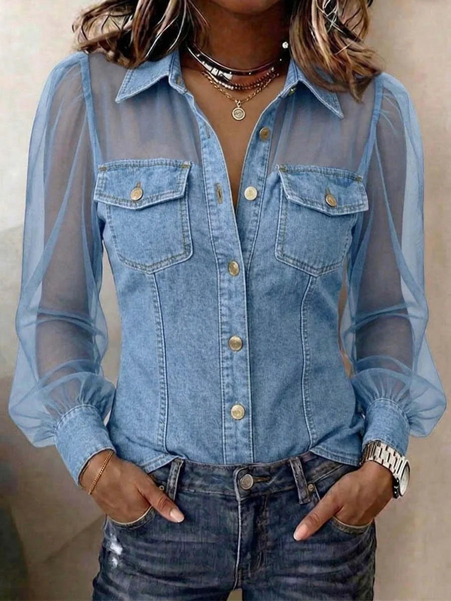 Puff-Sleeve Denim Mesh Blouse | OWNLUXE