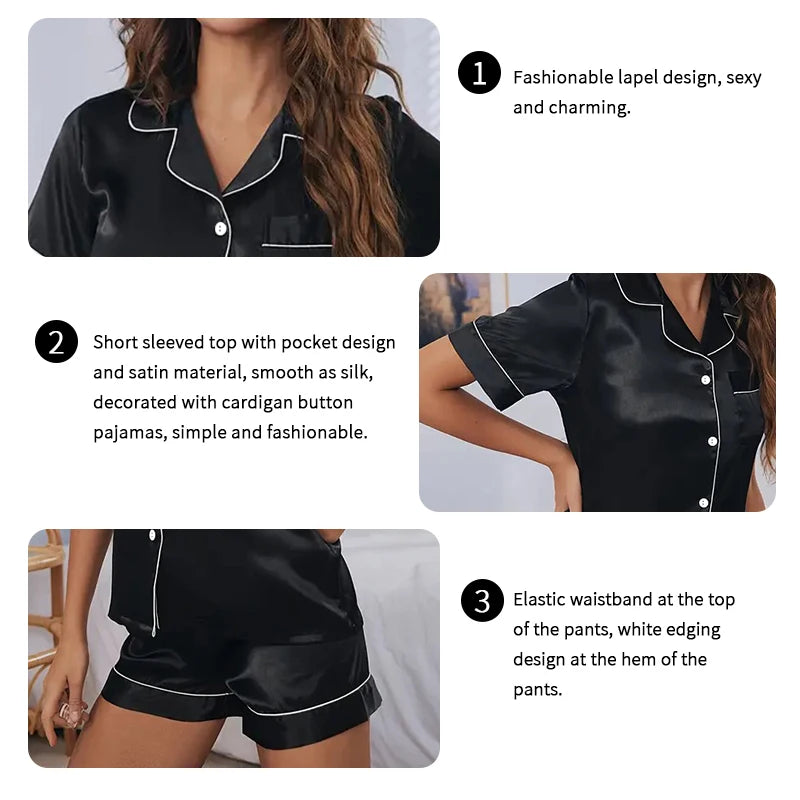 Satin Button-Down Pajama Set with Short Sleeve Top & Shorts