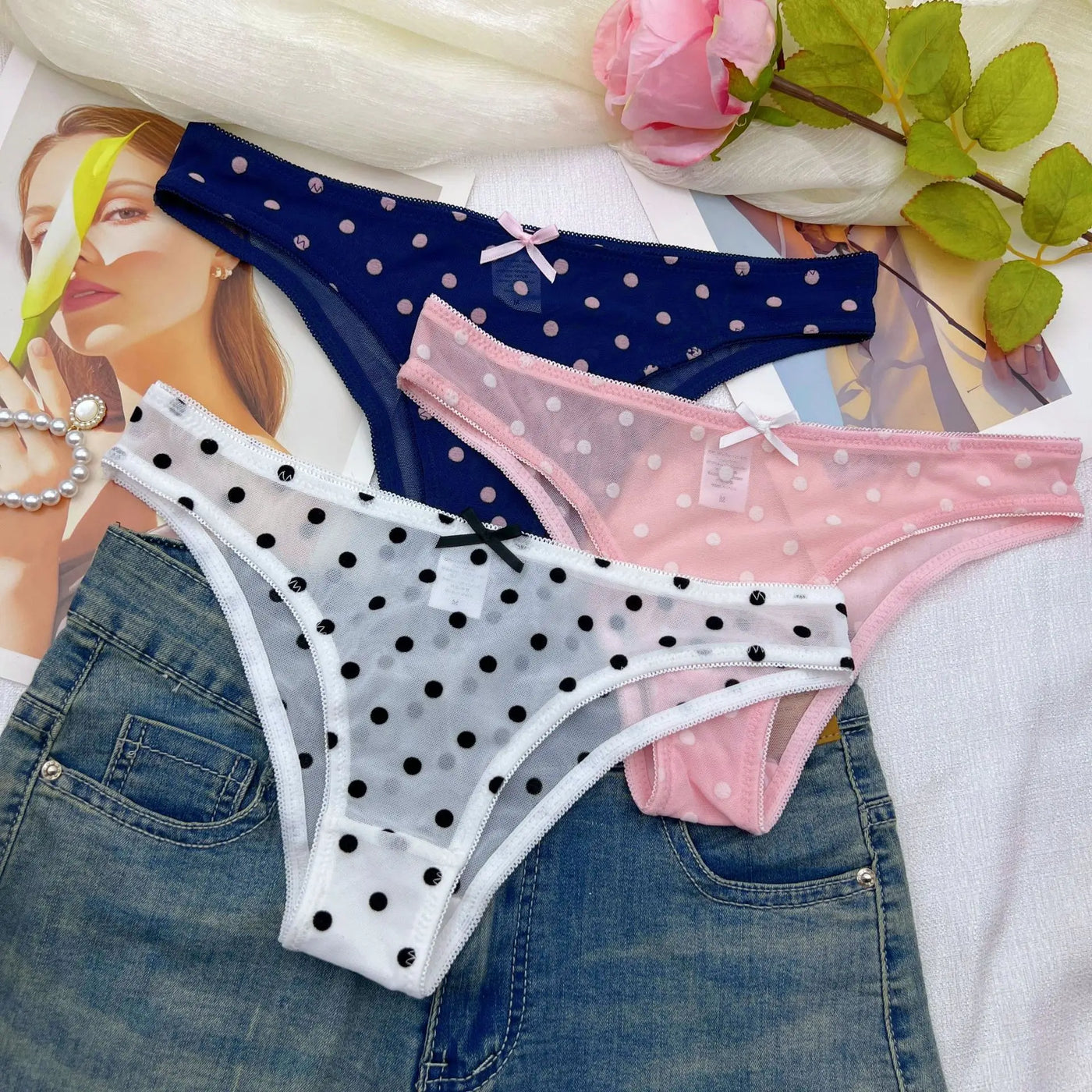 3-Piece Polka Dot Mesh Bikini Brief Set | OWNLUXE