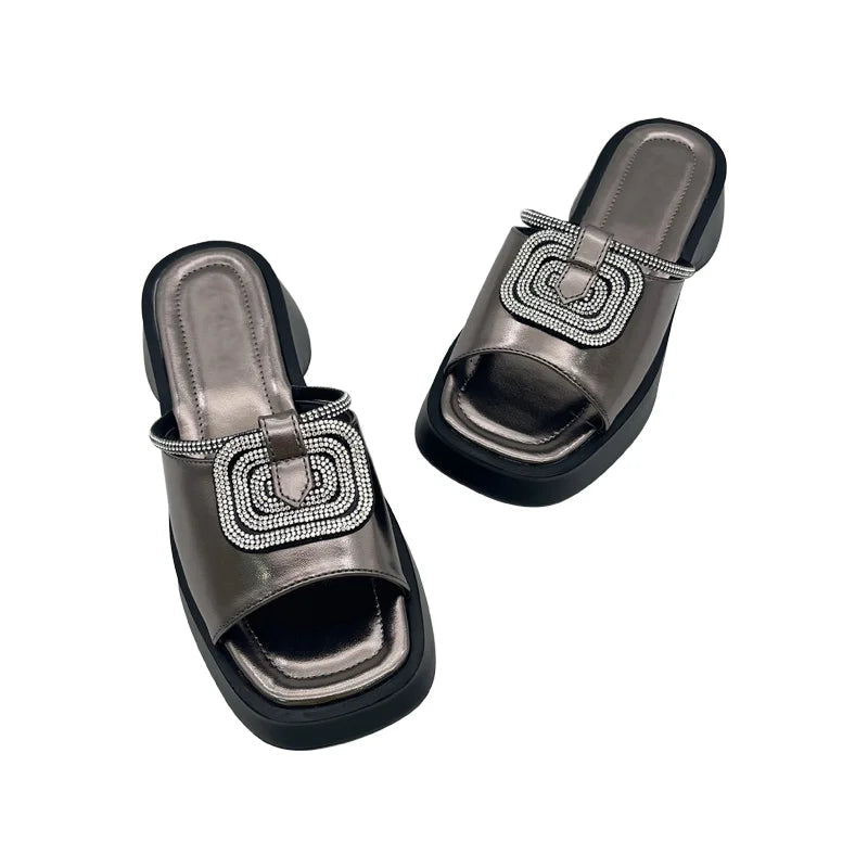 Women’s Mid Heel Slide Sandals – Cushioned Mixed-Color