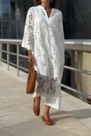 Elegant White Lace Maxi Dress — V-Neck A-Line Party Dress | OWNLUXE